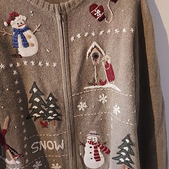 Croft & Barrow Pale Green Snowman Winter Zip Cardigan Sweater Large Petite - Picture 3 of 5